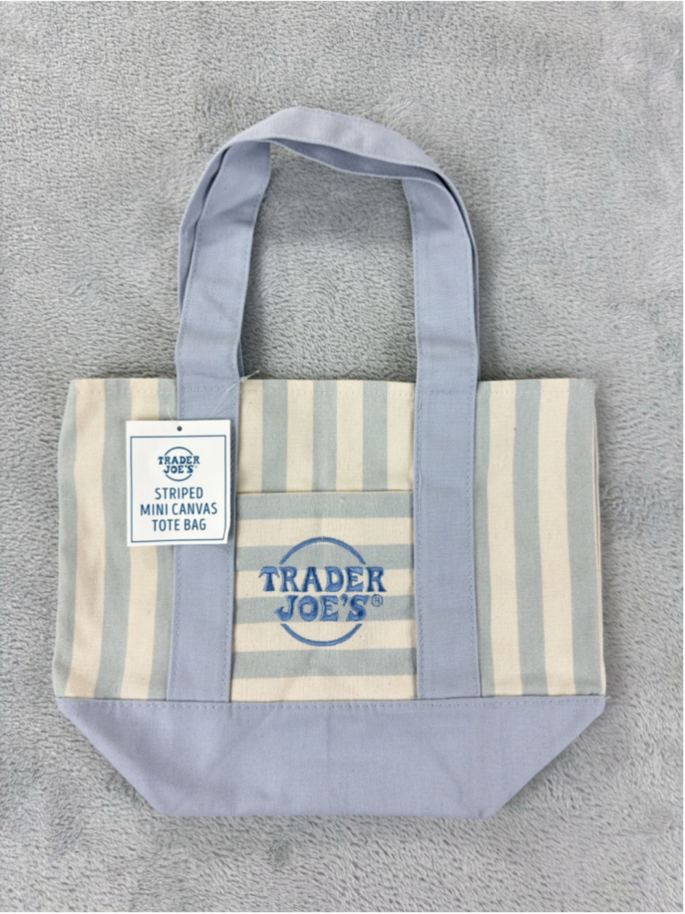 Trader Joe's Insulated Reusable Canvas Tote Bag Blue White Striped 14x9x6 in